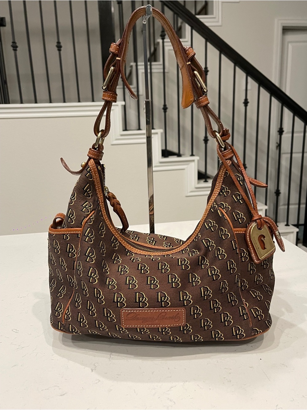Dooney & Bourke Brown Monogram Shoulder Bag with Tan Leather Trim
